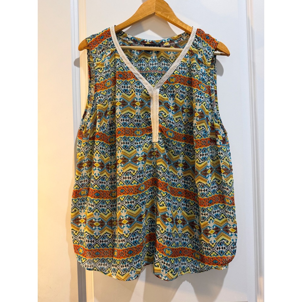 I.N. Studio Woman Sleeveless Geometric Tribal Print V-Neck Blouse Multi-Color 1X